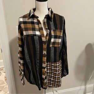 Women’s mixed pattern Plaid Button-Up Shirt - Black, Brown, and Tan